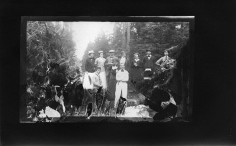 Print from large post card negative.  Jones Outing. Billy and Raye (Jones) Jaques, Pha and Bess Jones, May also include Ben and/or George Jones